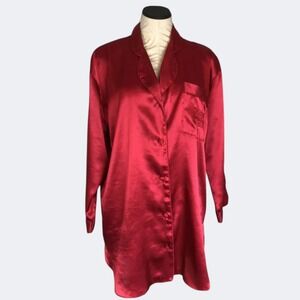 Victorias Secret Red Satin Sleep Shirt Button Down Nightgown Monogram Large